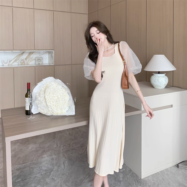 【Dress】新作アイテム~可愛いパフスリーブ夏ロング丈ニットワンピース Z-5466