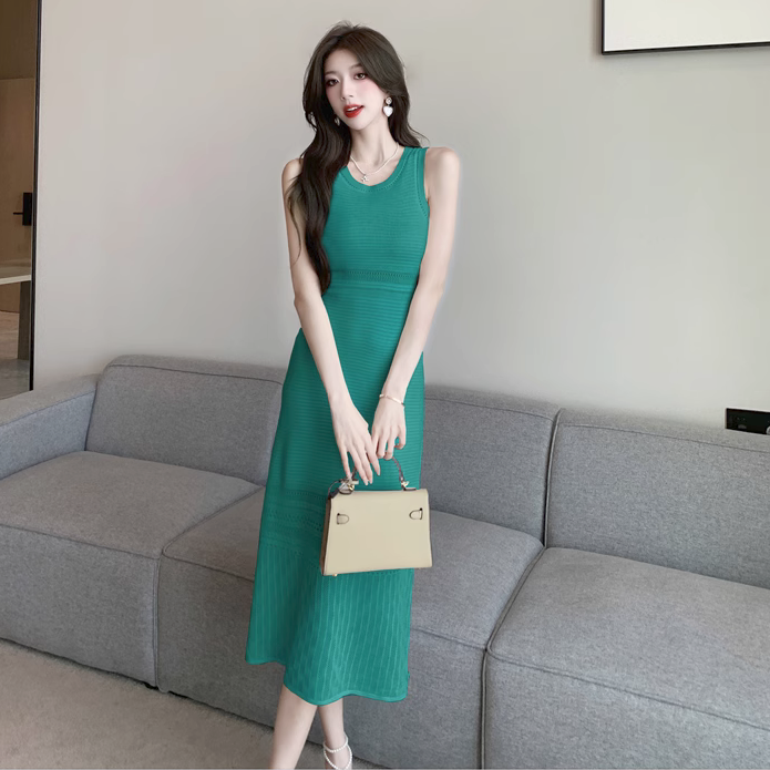 【Dress】クルーネック夏ノースリーブ柔らかいニットワンピース Z-5498