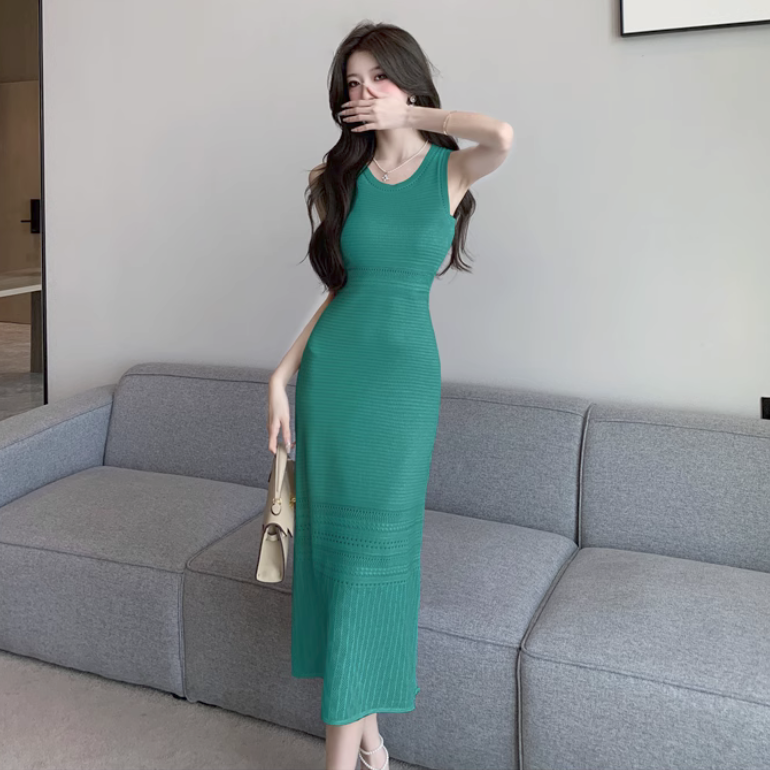 【Dress】クルーネック夏ノースリーブ柔らかいニットワンピース Z-5498