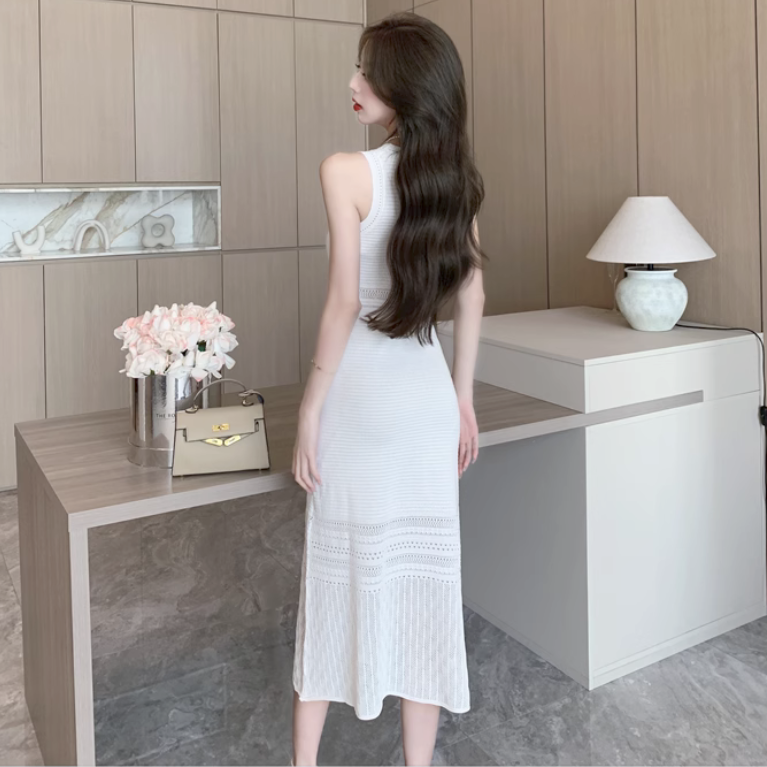 【Dress】クルーネック夏ノースリーブ柔らかいニットワンピース Z-5498