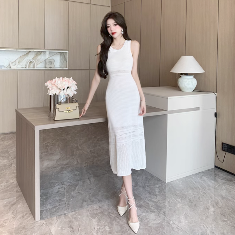 【Dress】クルーネック夏ノースリーブ柔らかいニットワンピース Z-5498