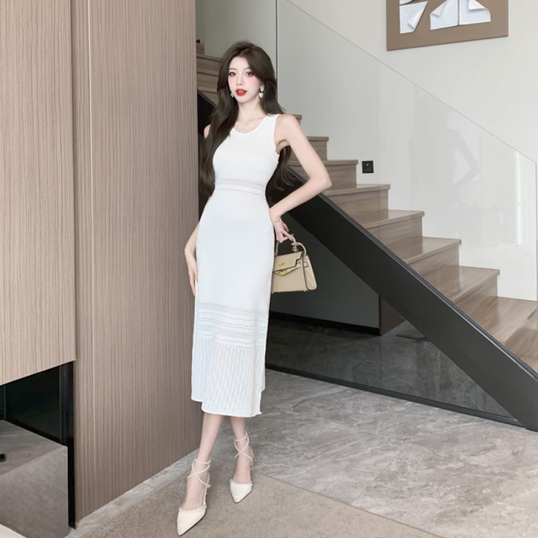 【Dress】クルーネック夏ノースリーブ柔らかいニットワンピース Z-5498