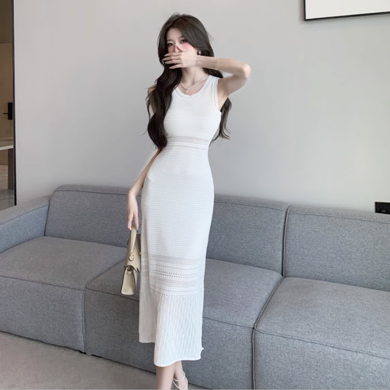 【Dress】クルーネック夏ノースリーブ柔らかいニットワンピース Z-5498