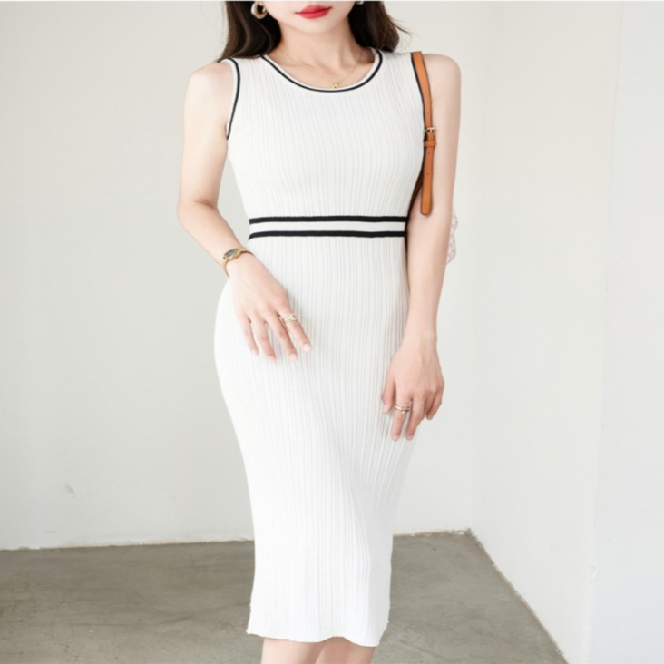 【Dress】2色展開~フェミニン配色Aライン夏ニットワンピース Z-5499