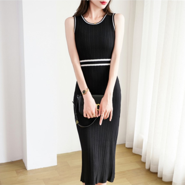 【Dress】2色展開~フェミニン配色Aライン夏ニットワンピース Z-5499