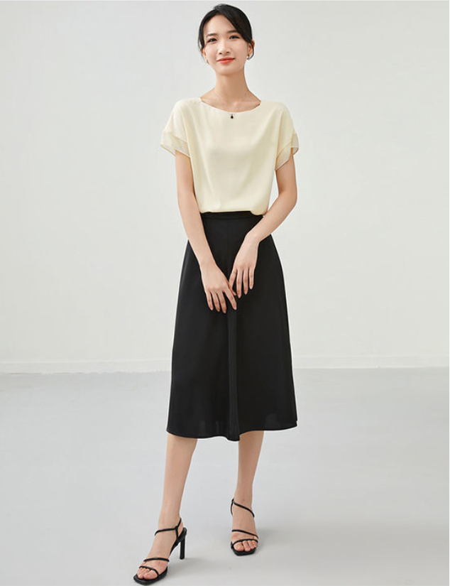 【Tops】大人シンプル無地クルーネック半袖シフォンブラウス Z-5585
