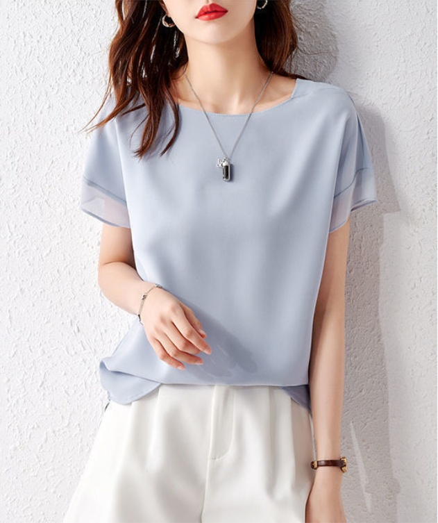 【Tops】大人シンプル無地クルーネック半袖シフォンブラウス Z-5585
