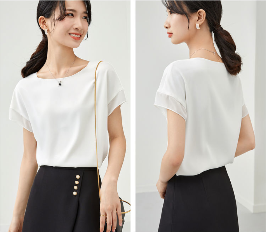 【Tops】大人シンプル無地クルーネック半袖シフォンブラウス Z-5585
