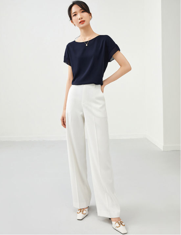 【Tops】大人シンプル無地クルーネック半袖シフォンブラウス Z-5585