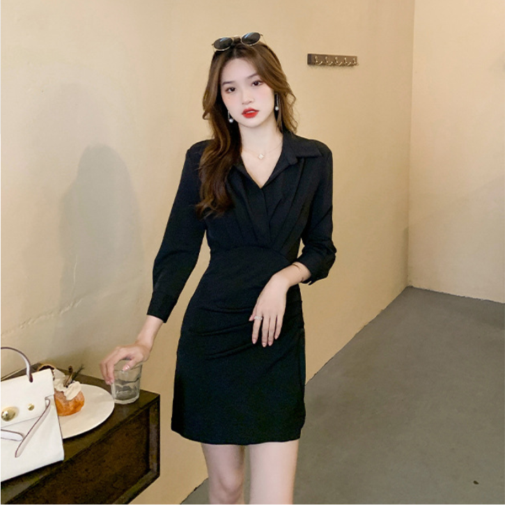 【Dress】低身長方おすすめ半端スリーブ膝丈シャツワンピース Z-5673