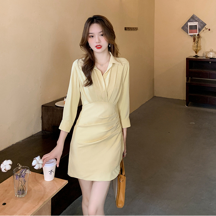 【Dress】低身長方おすすめ半端スリーブ膝丈シャツワンピース Z-5673