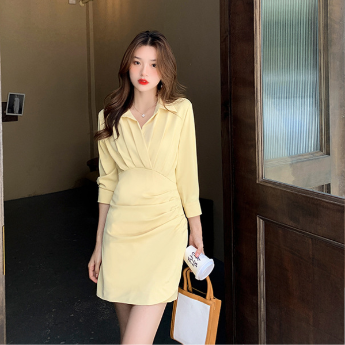 【Dress】低身長方おすすめ半端スリーブ膝丈シャツワンピース Z-5673
