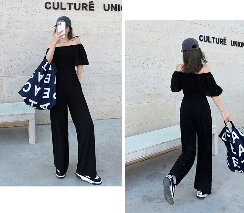 【Set】大人シンプル無地オフショルダー夏オールインワンつなぎ服 Z-5686