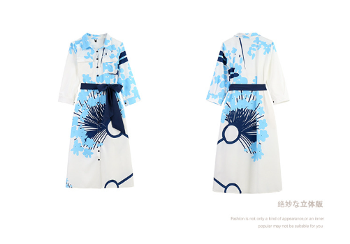 【Dress】フェミニン人気プリント知的長袖シャツワンピース W7725