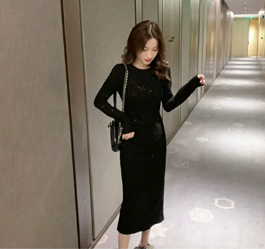 【Dress】スパンコールニットワンピース W7883