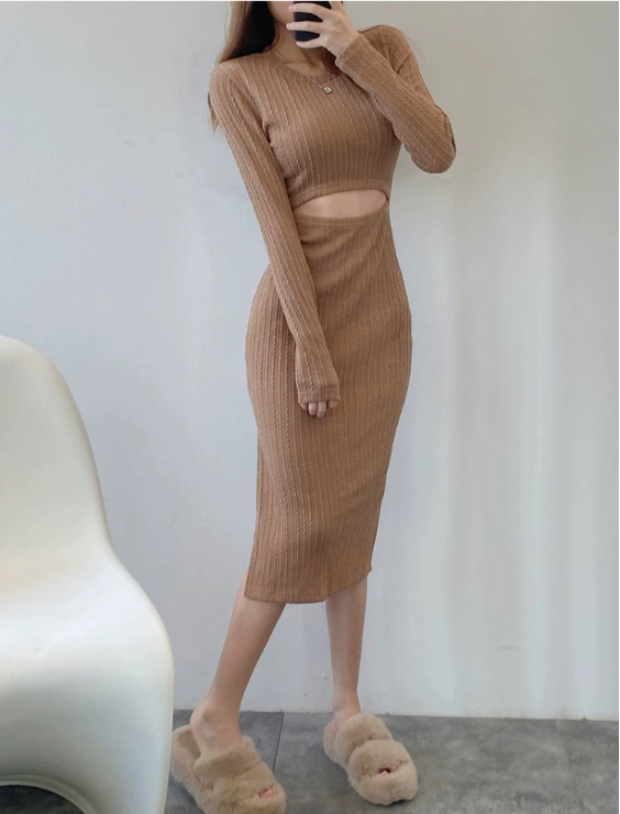 【Dress】透かし彫りスリットタイトニットワンピース W8070