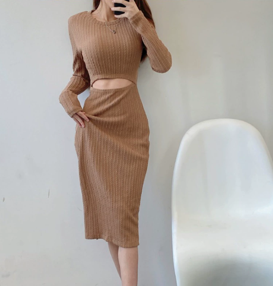 【Dress】透かし彫りスリットタイトニットワンピース W8070