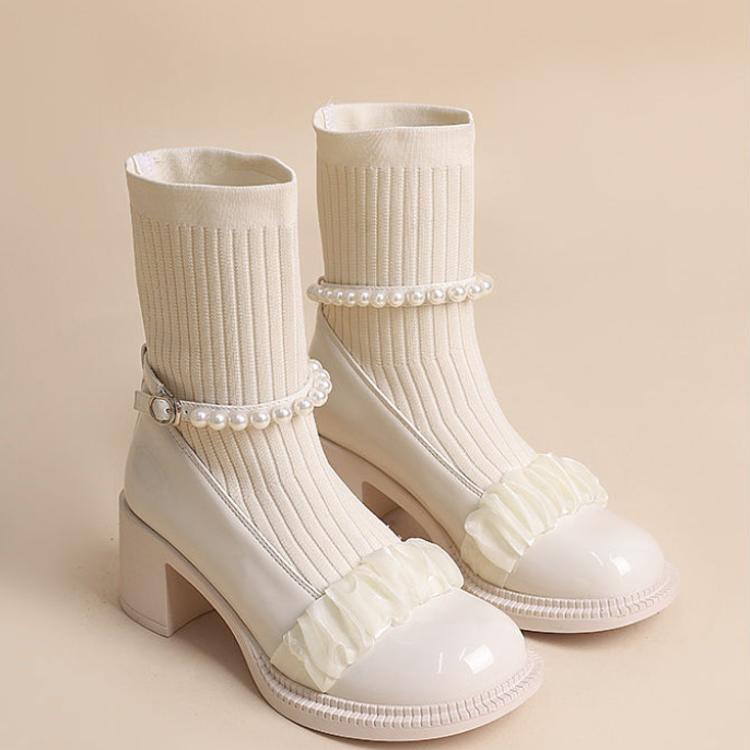 【Shoes】人気ニット切替ショートブーツ Z-5978