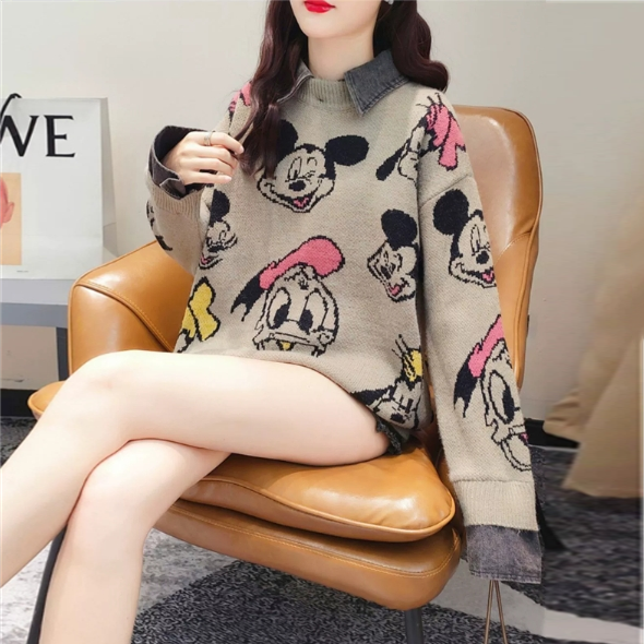 【Tops】新入荷フェイクレイヤードキャラクターセーター W8807