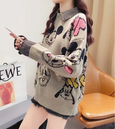 【Tops】新入荷フェイクレイヤードキャラクターセーター W8807