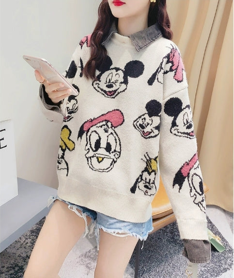 【Tops】新入荷フェイクレイヤードキャラクターセーター W8807