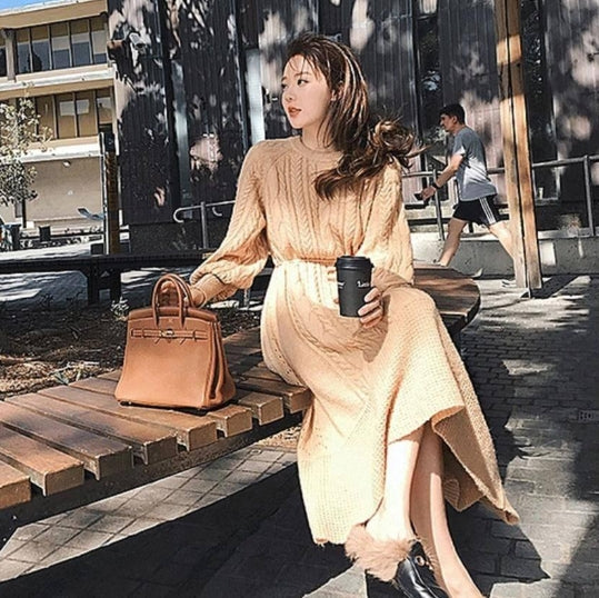 【Dress】ランタンスリーブニットワンピース W9437