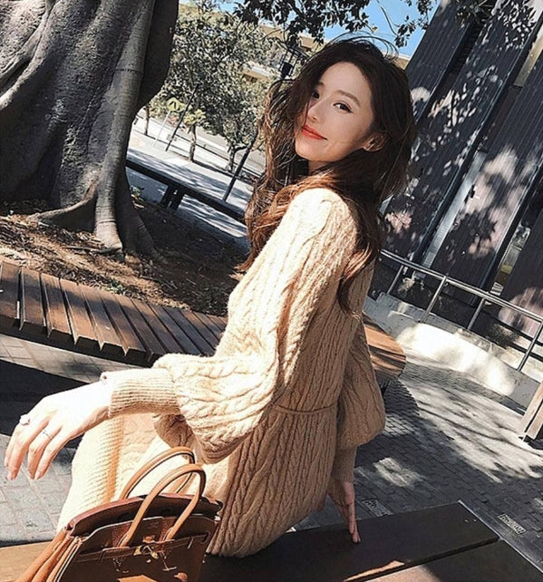 【Dress】ランタンスリーブニットワンピース W9437