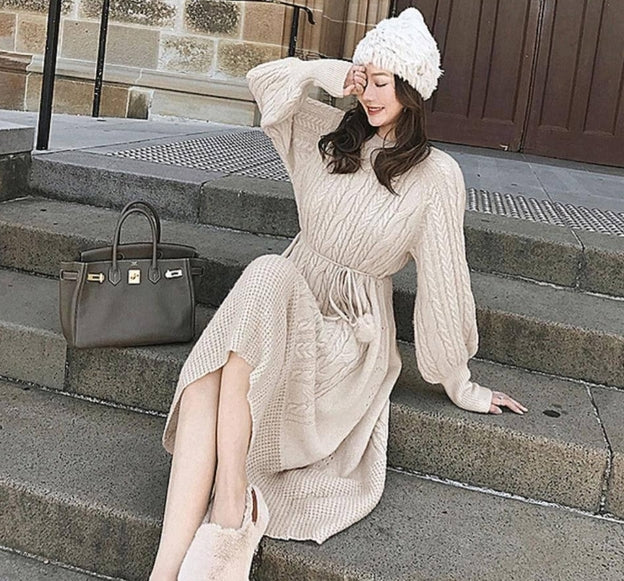 【Dress】ランタンスリーブニットワンピース W9437
