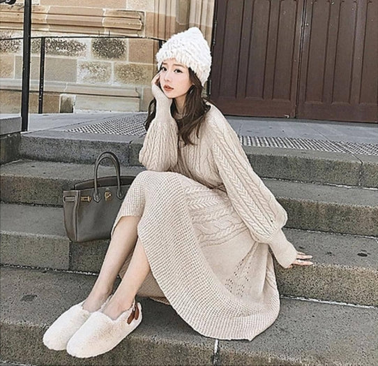 【Dress】ランタンスリーブニットワンピース W9437