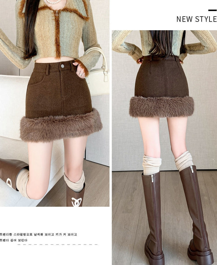 【Bottoms】ファー付きツイード調ミニスカート Z-6346