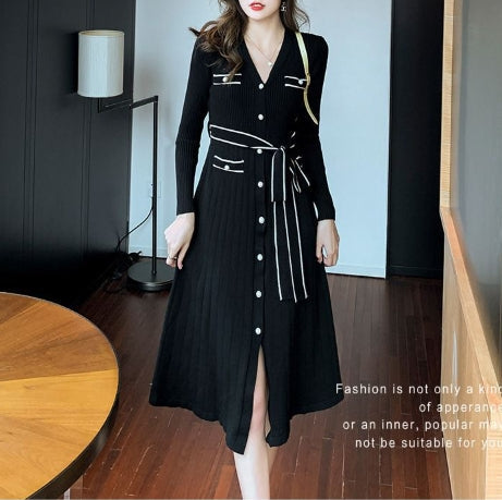 【Dress】リボン付きニットワンピース W10011