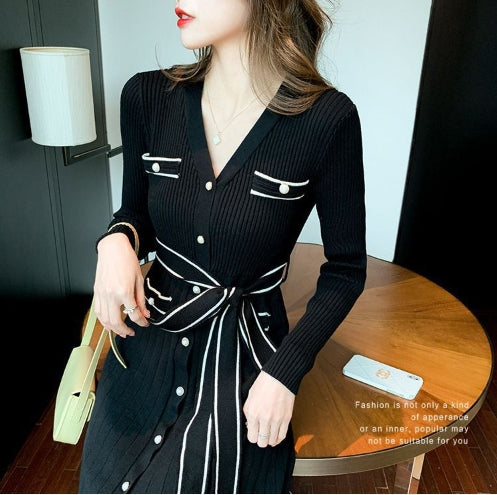 【Dress】リボン付きニットワンピース W10011
