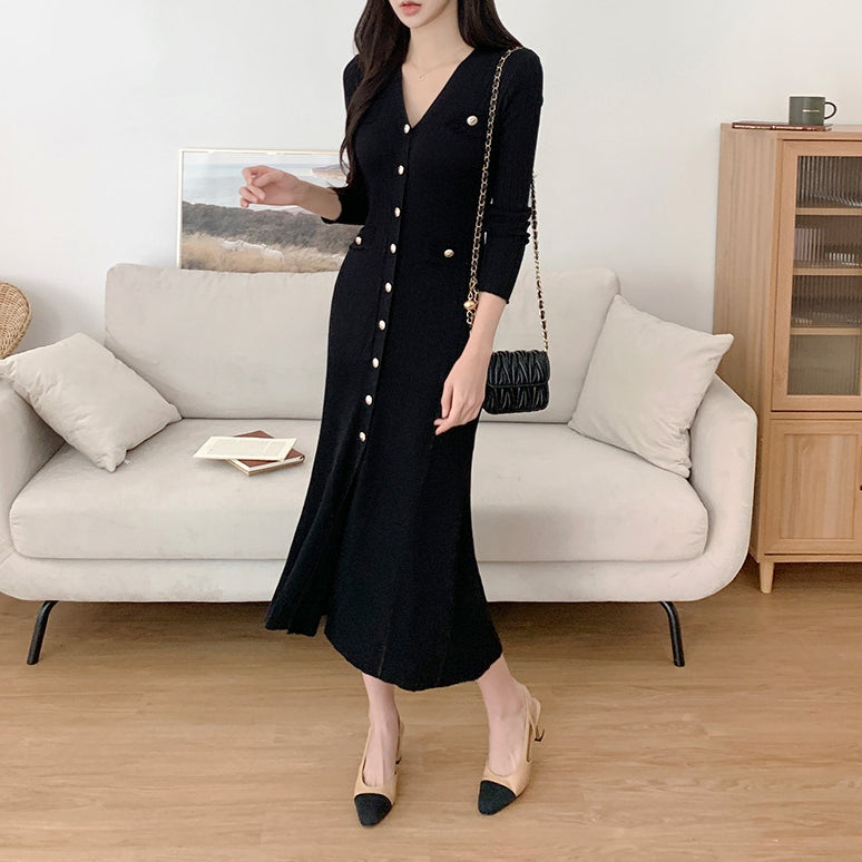【Dress】フェミニン無地シングルブレストワンピース Z-6554