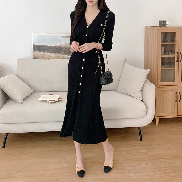 【Dress】フェミニン無地シングルブレストワンピース Z-6554