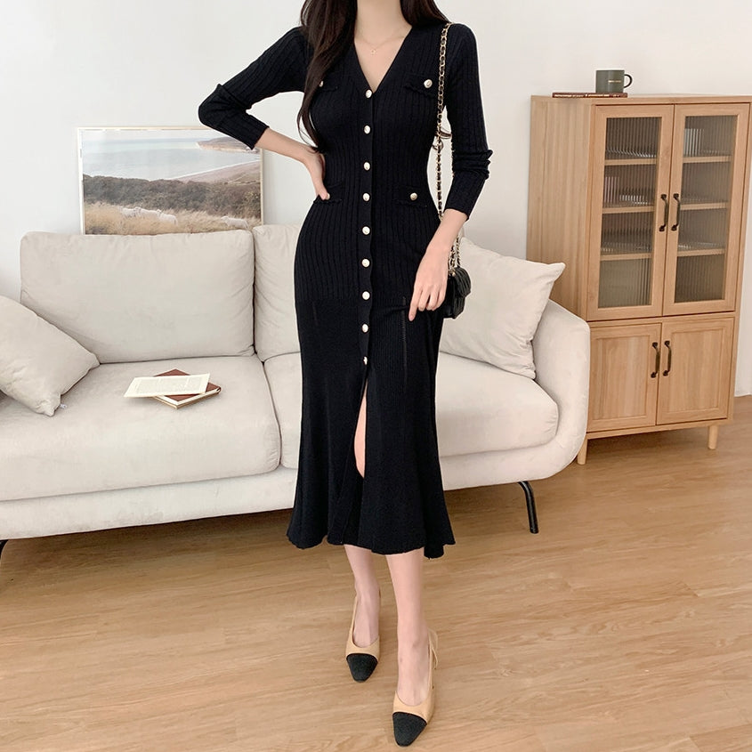 【Dress】フェミニン無地シングルブレストワンピース Z-6554
