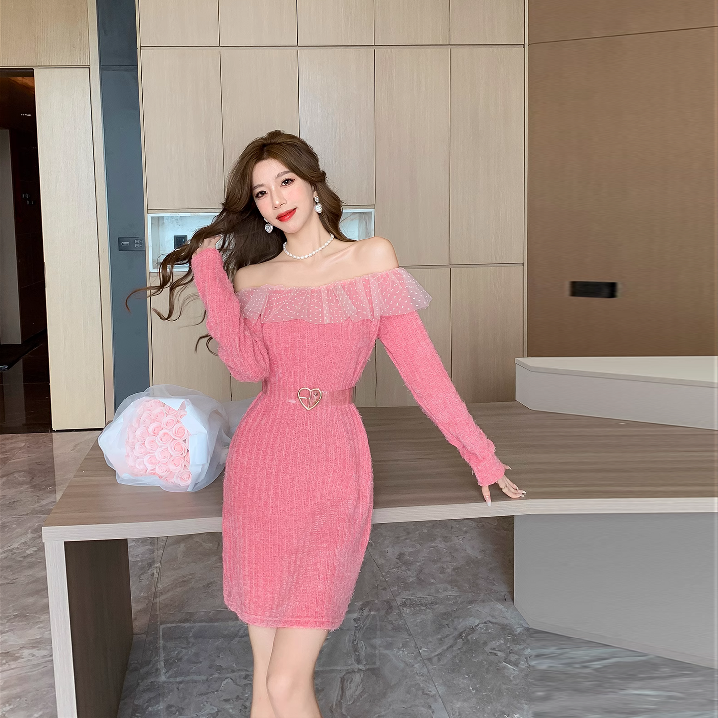 【Dress】オフショルダー春夏デートワンピース Z6789