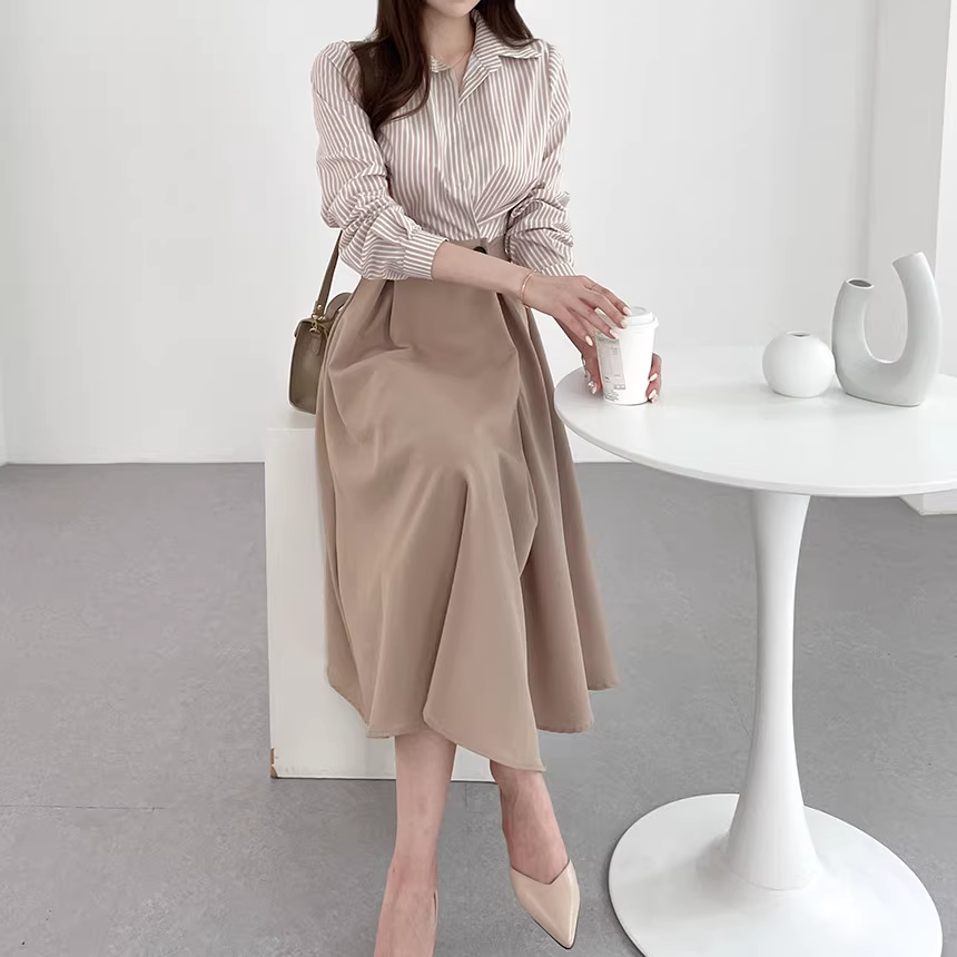 【Dress】フェイクレイヤード通勤シャツワンピース Z6792
