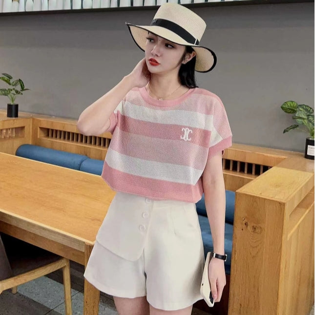 【Tops】配色ニット半袖Tシャツ Z6769