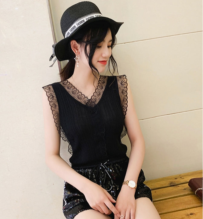 【Tops】3色レース切替ニットタンクトップ Z7118