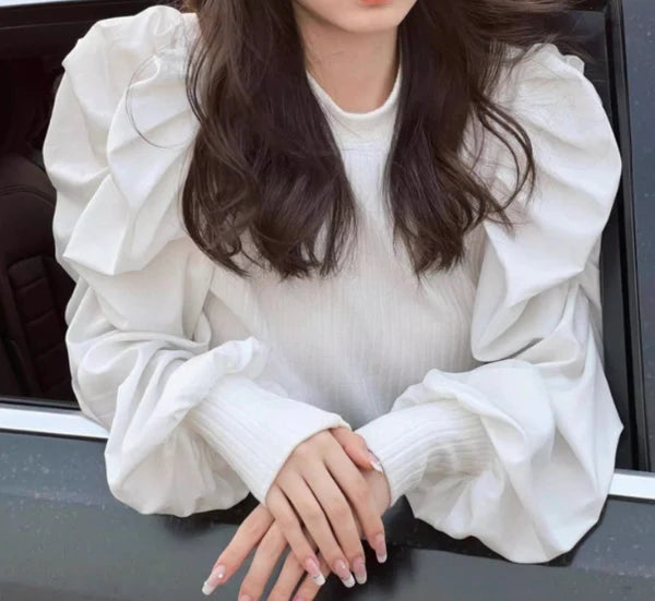 【Tops】切り替えパフスリーブニットトップス W13400