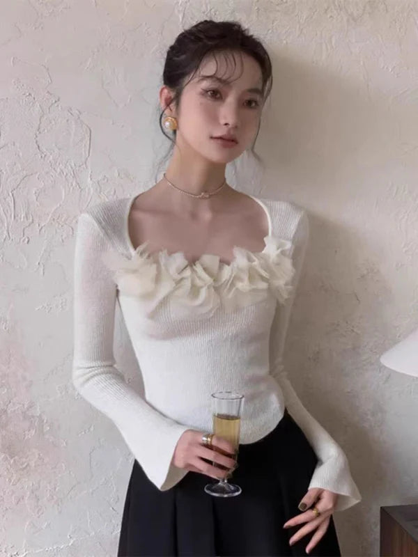 【Tops】フラワー長袖ニット W13349