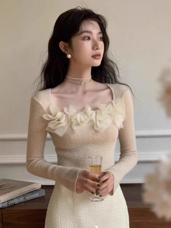 【Tops】フラワー長袖ニット W13349
