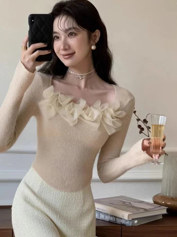 【Tops】フラワー長袖ニット W13349