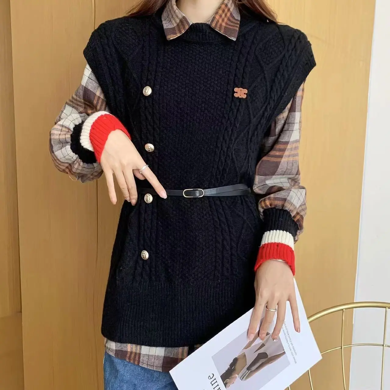 【Set】セットアップ ベスト + チェック柄シャツ Z7262