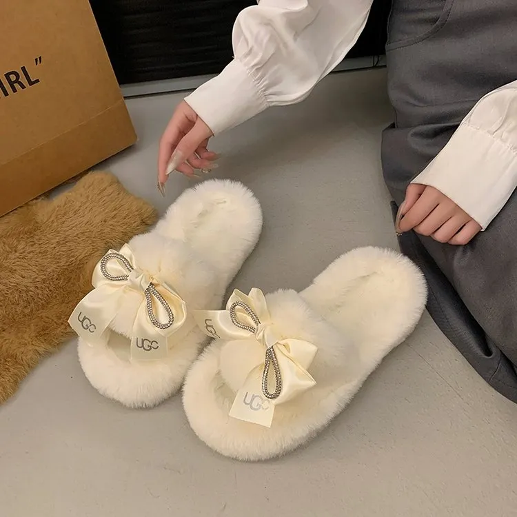 【Shoes】リボン付きファースリッパ Z7544