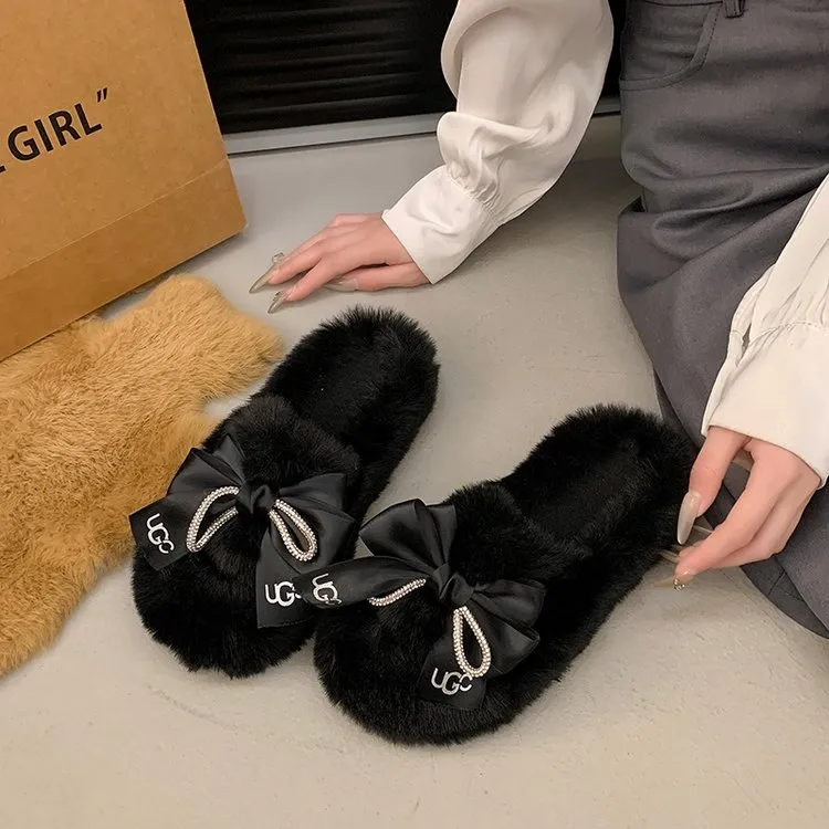 【Shoes】リボン付きファースリッパ Z7544
