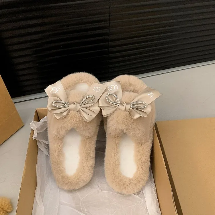 【Shoes】リボン付きファースリッパ Z7544