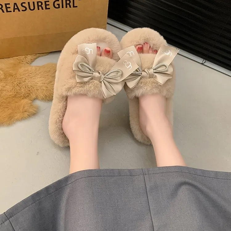 【Shoes】リボン付きファースリッパ Z7544