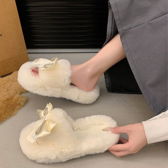 【Shoes】リボン付きファースリッパ Z7544