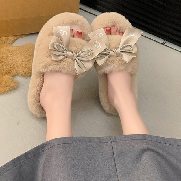 【Shoes】リボン付きファースリッパ Z7544